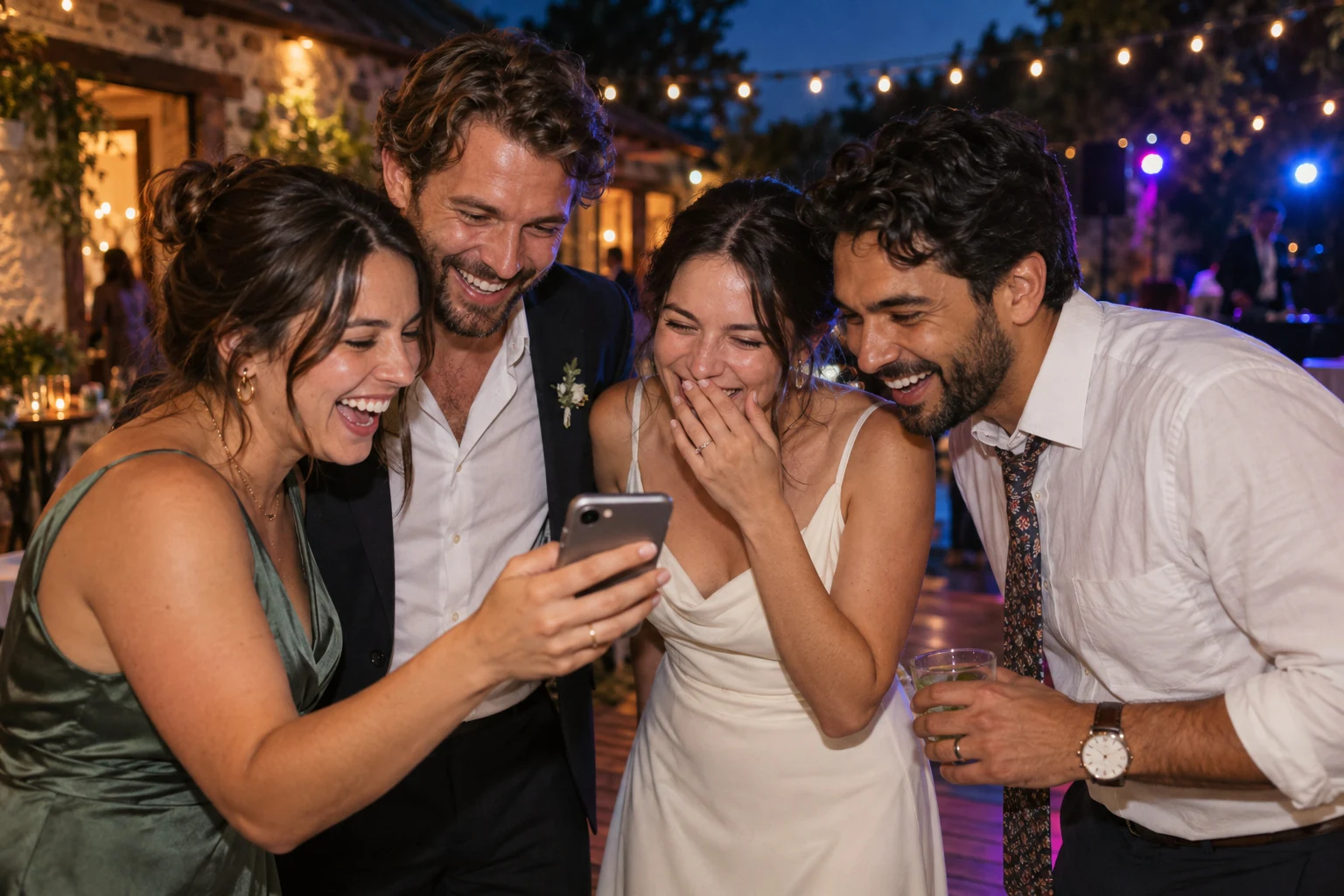 Para młoda i znajomi oglądają zdjęcie na telefonie. Ciepłe kolory filtra Weekend Gold z EventPhotoDrop.