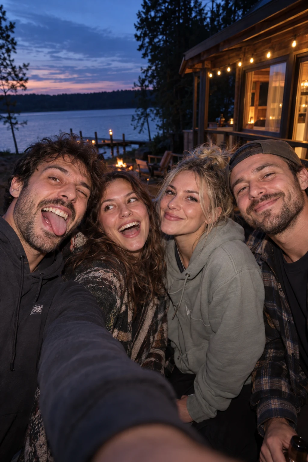 Oryginał: czworo znajomych robi selfie przed domkiem nad jeziorem.
